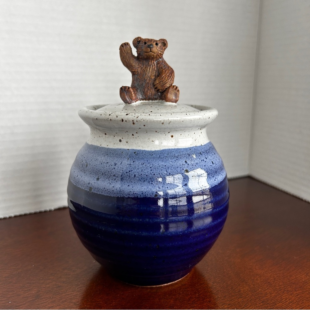 Pelletier Pottery Blue/white Jar Crock with Adorable Teddy Bear on Top